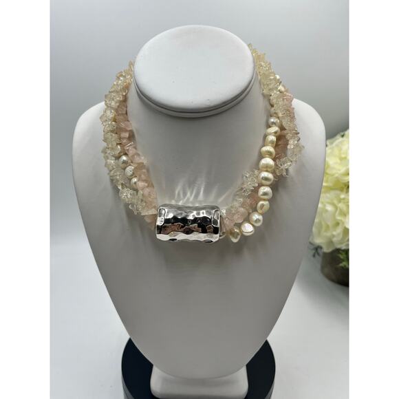 Simon Sebbag MultiStrand 925 Rose Clear Quartz Light Pearl Slider Necklace 17" - Picture 9 of 10